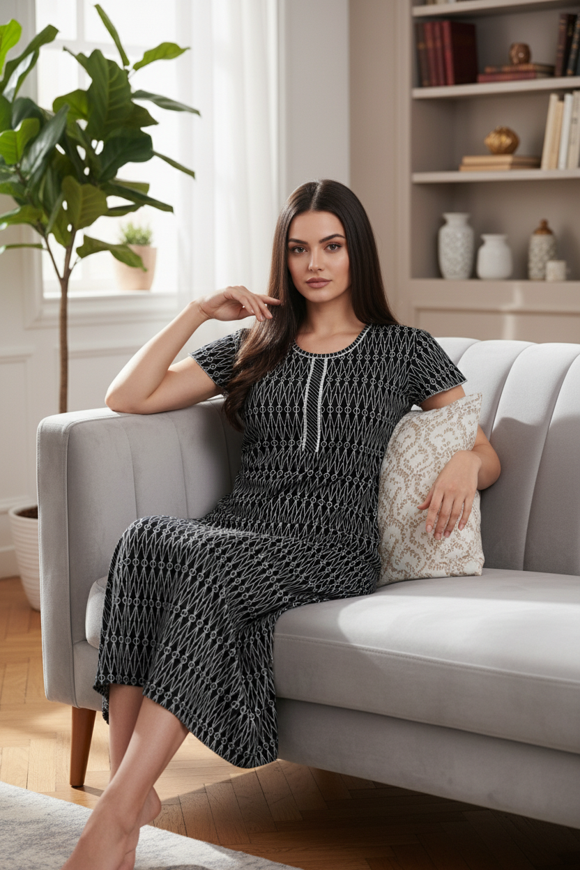 Jet Black & Pearl White Hosiery Print Nighty For Women