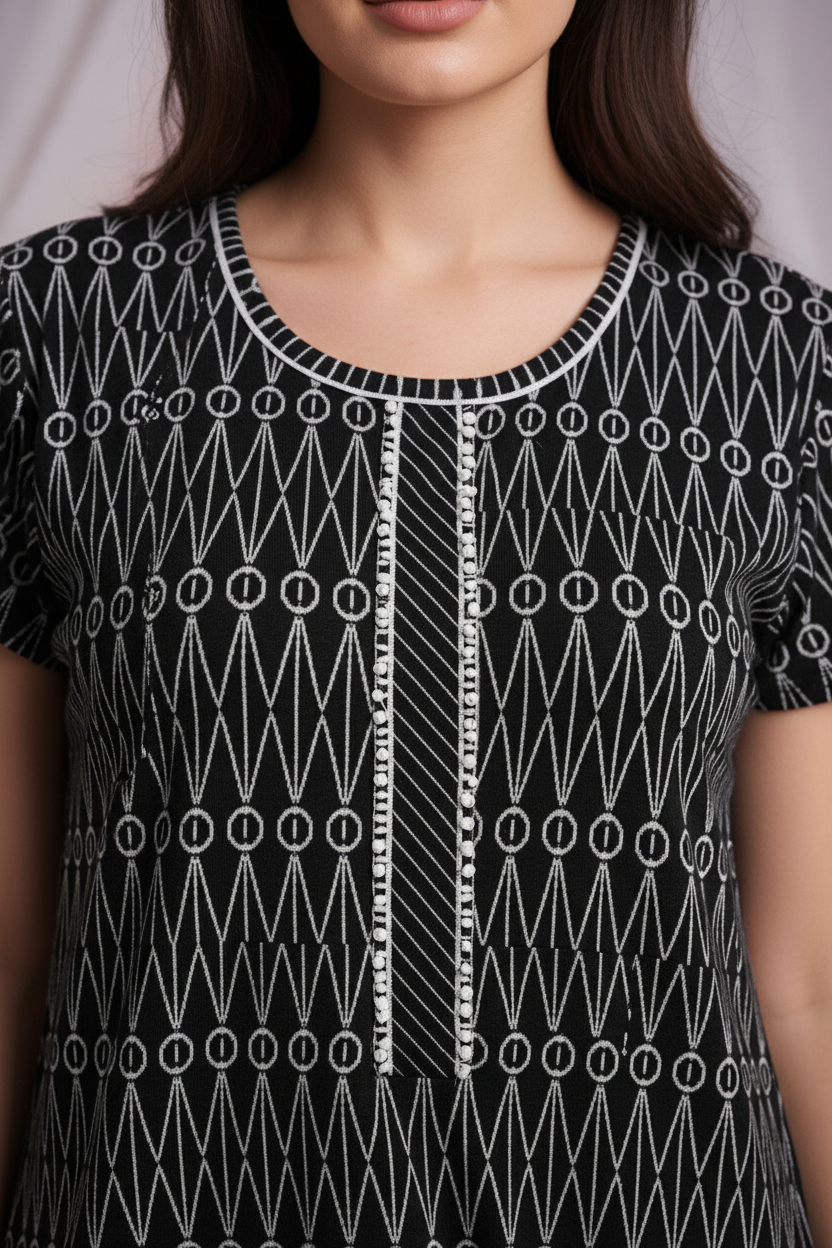 Jet Black & Pearl White Hosiery Print Nighty For Women