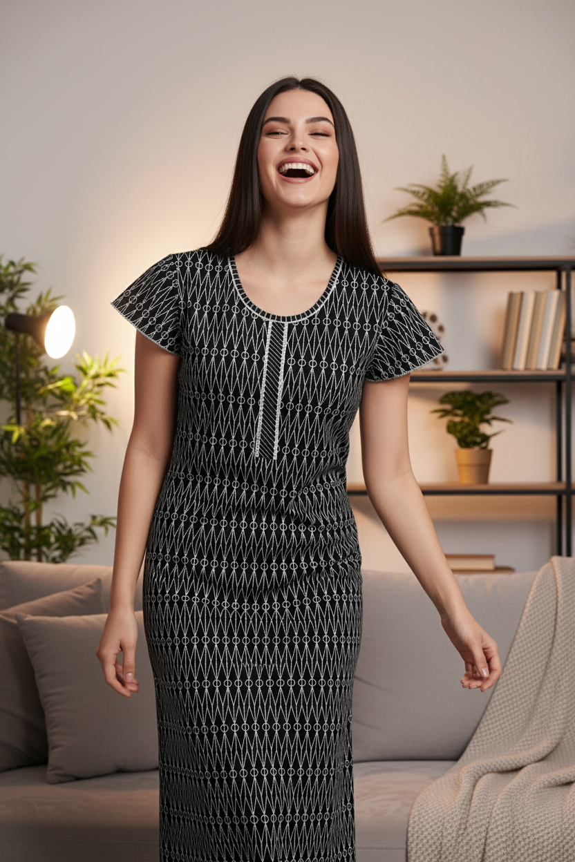 Jet Black & Pearl White Hosiery Print Nighty For Women