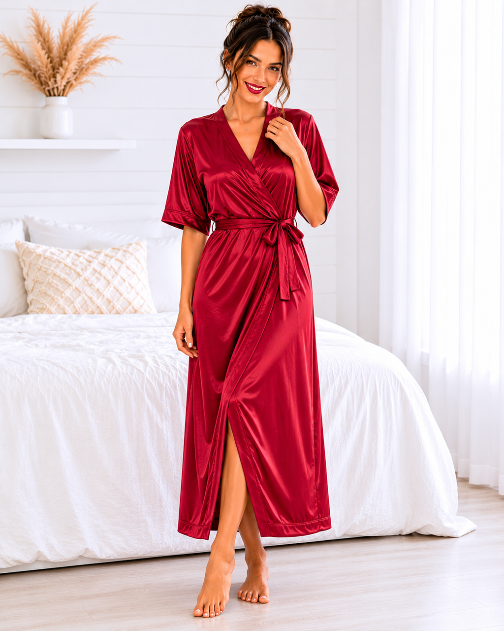 Belavastra Crimson Red 2-Piece Silk Softy Nighty & Robe Set - Bridal Lace Edition
