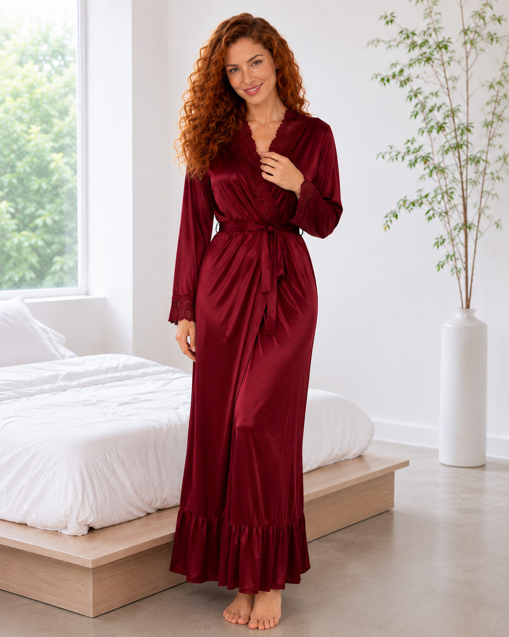 Belavastra Deep Wine 2-Piece Silk Softy Nighty & Robe Set - Ruffle & Lace Edition
