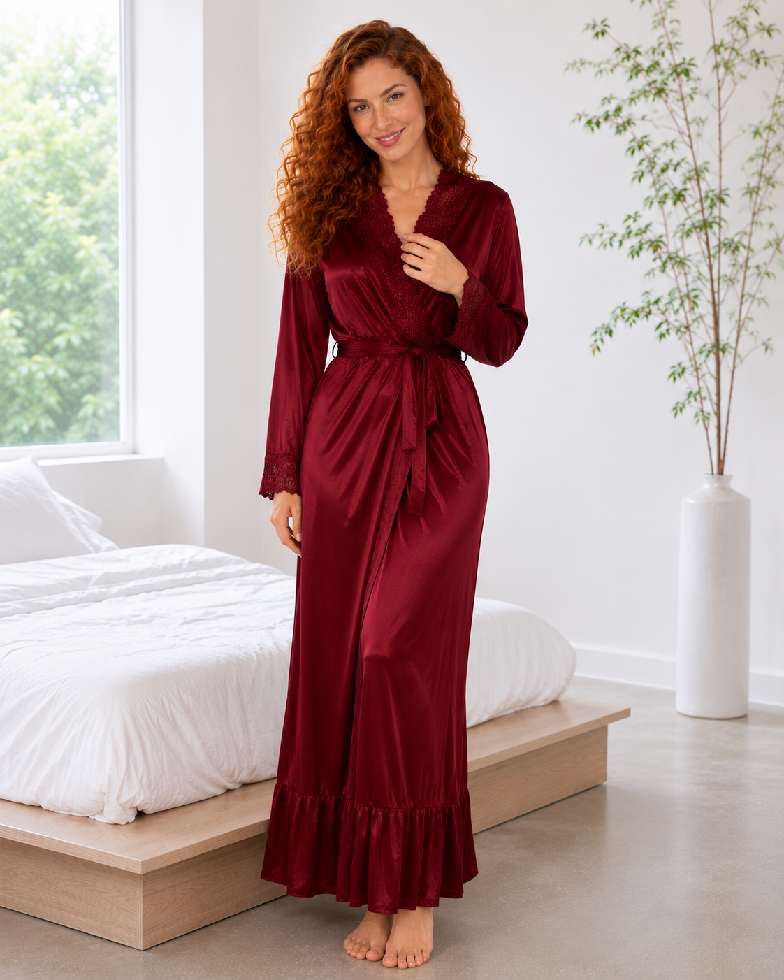 Belavastra Deep Wine 2-Piece Silk Softy Nighty & Robe Set - Ruffle & Lace Edition