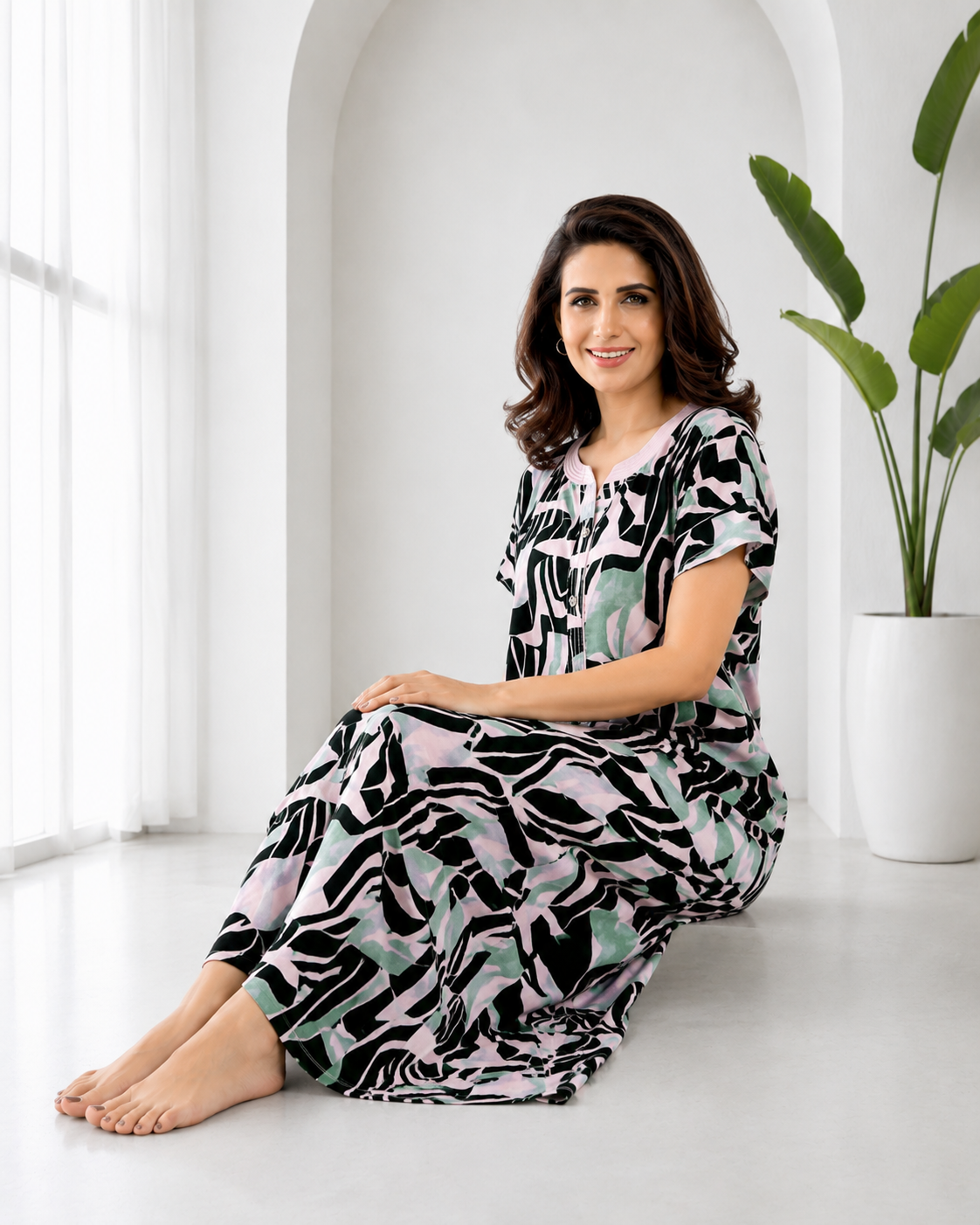 Belavastra Premium Alpine Silk-Cotton Printed Nighty - Pastel Pink & Green Abstract
