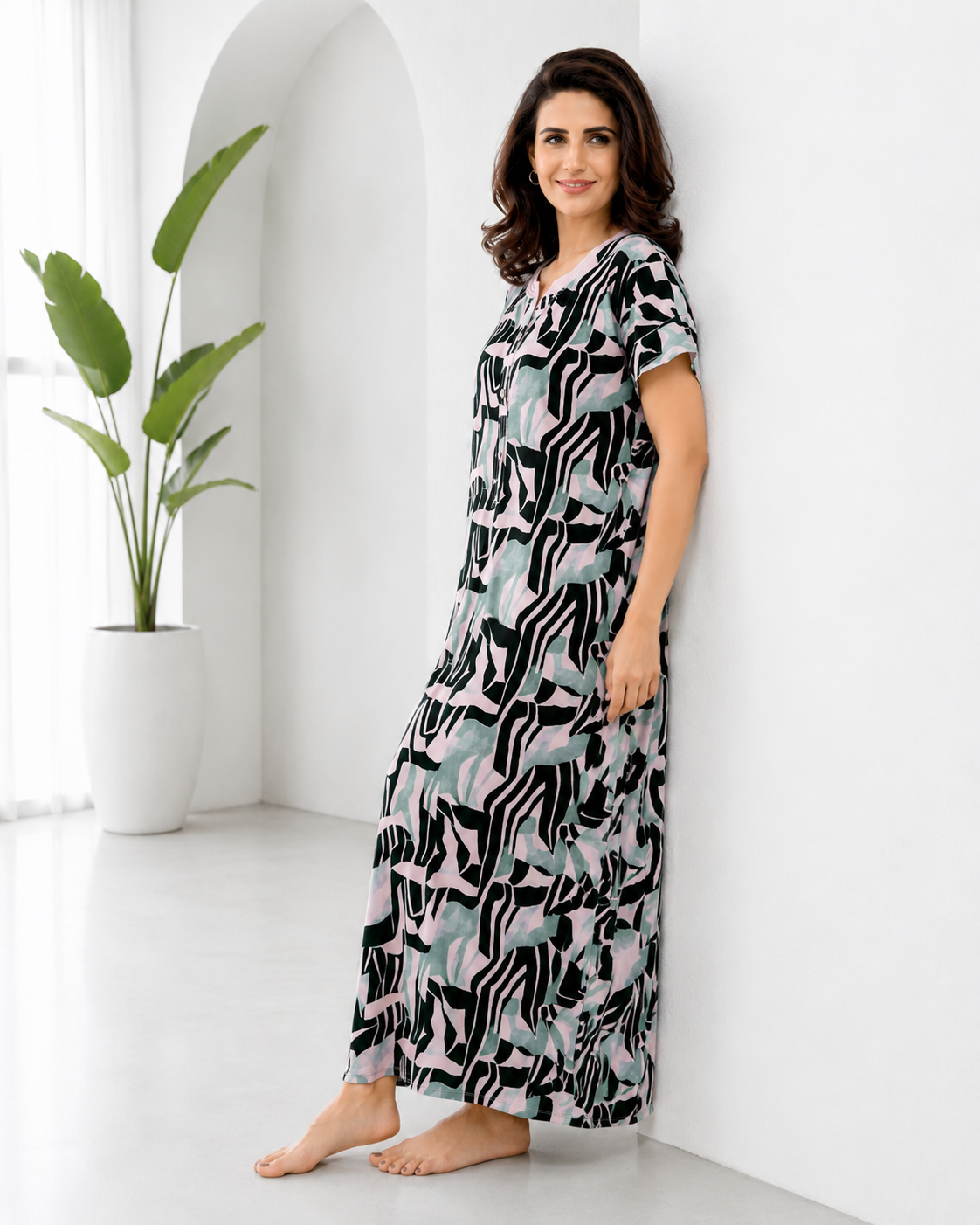 Belavastra Premium Alpine Silk-Cotton Printed Nighty - Pastel Pink & Green Abstract