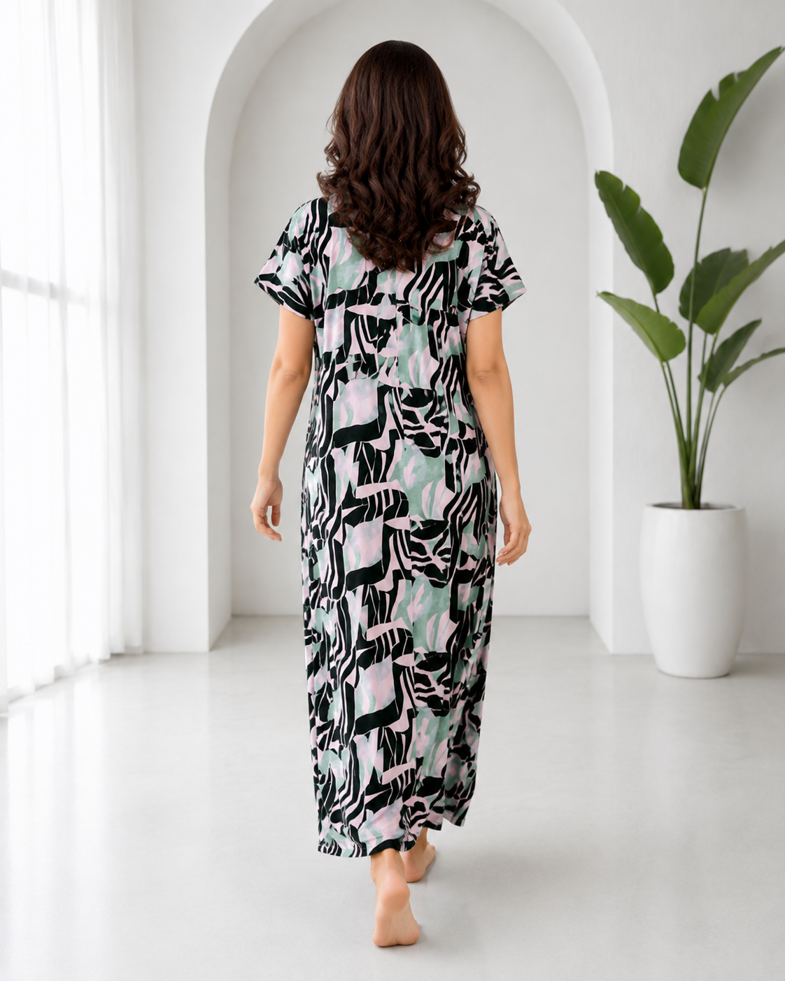 Belavastra Premium Alpine Silk-Cotton Printed Nighty - Pastel Pink & Green Abstract