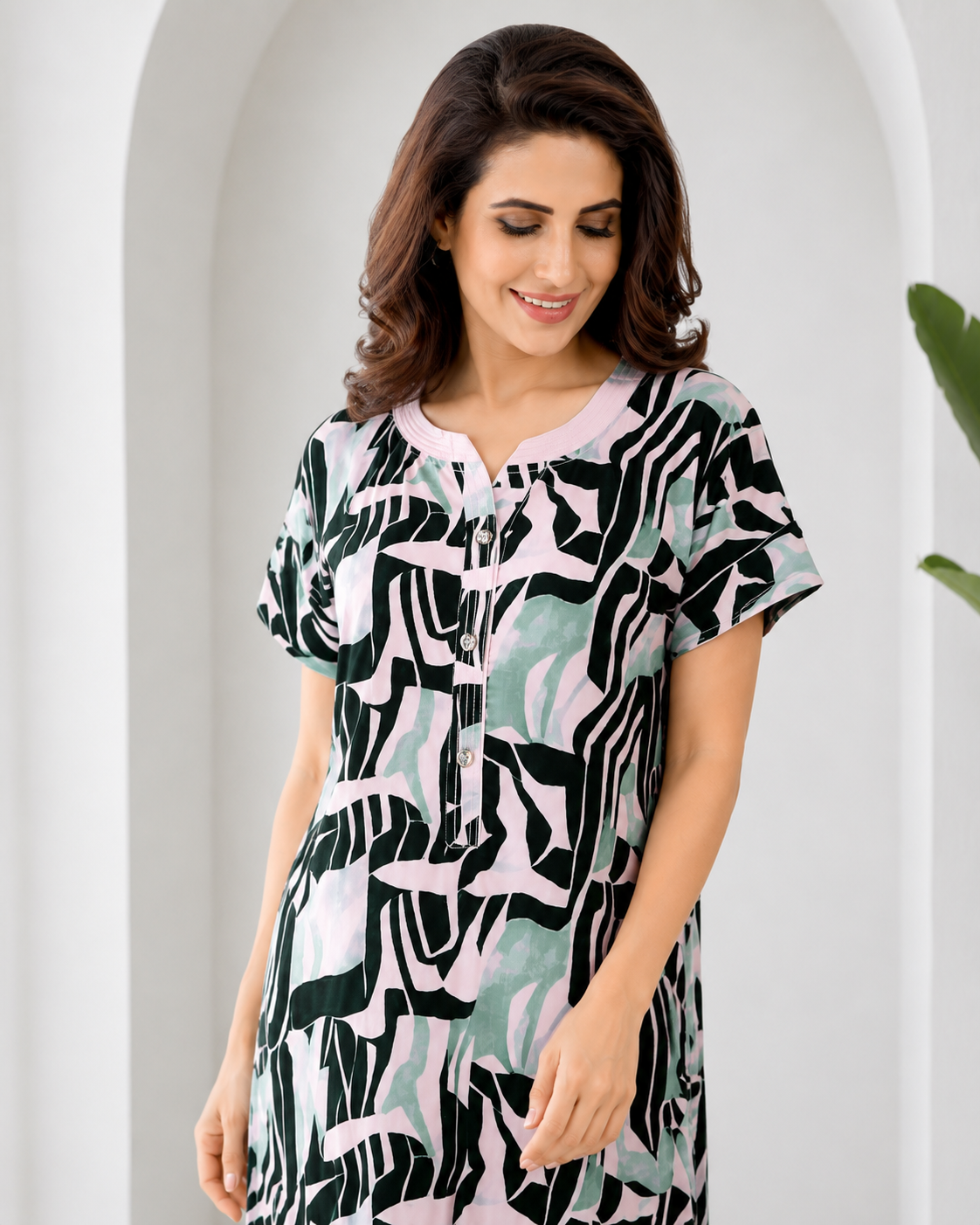 Belavastra Premium Alpine Silk-Cotton Printed Nighty - Pastel Pink & Green Abstract