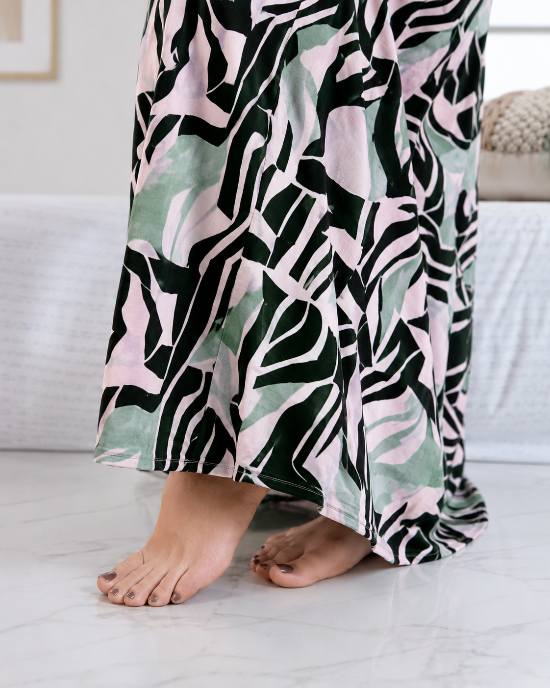 Belavastra Premium Alpine Silk-Cotton Printed Nighty - Pastel Pink & Green Abstract