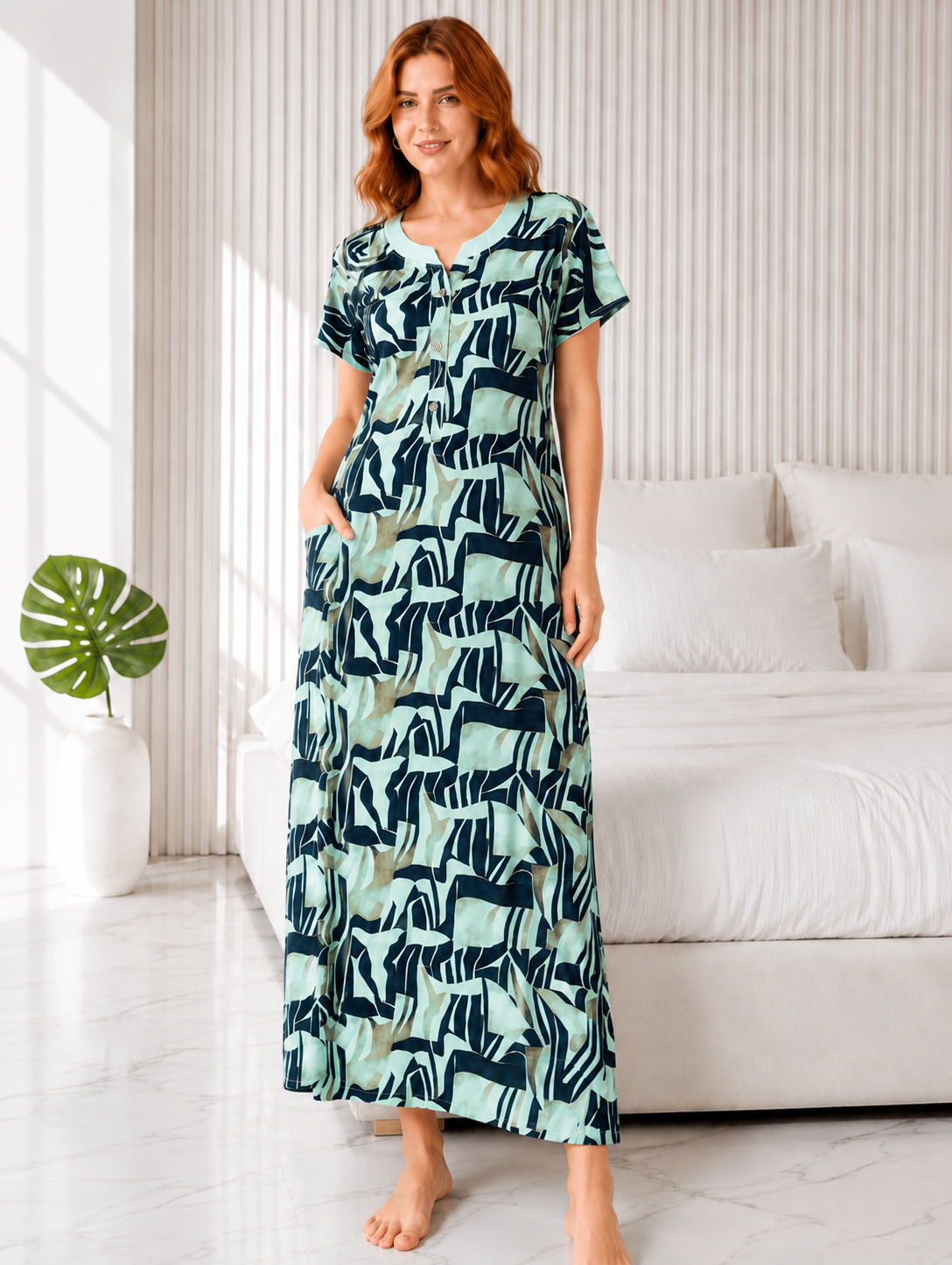 Belavastra Premium Alpine Silk-Cotton Printed Nighty - Mint & Navy Abstract