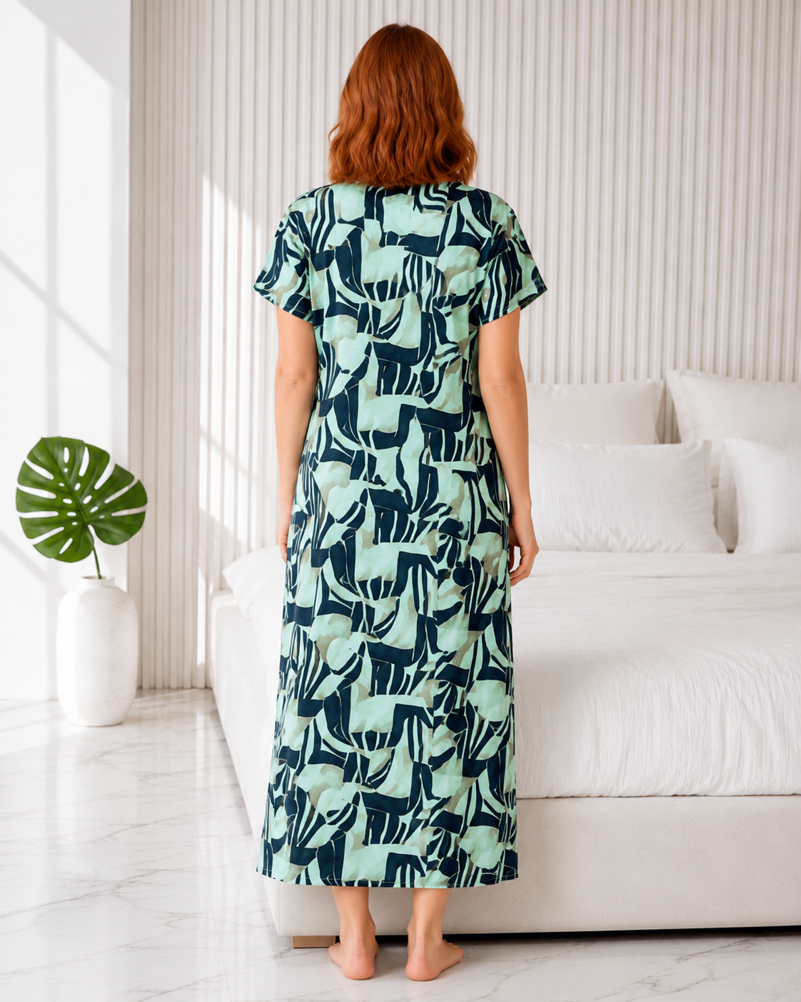Belavastra Premium Alpine Silk-Cotton Printed Nighty - Mint & Navy Abstract