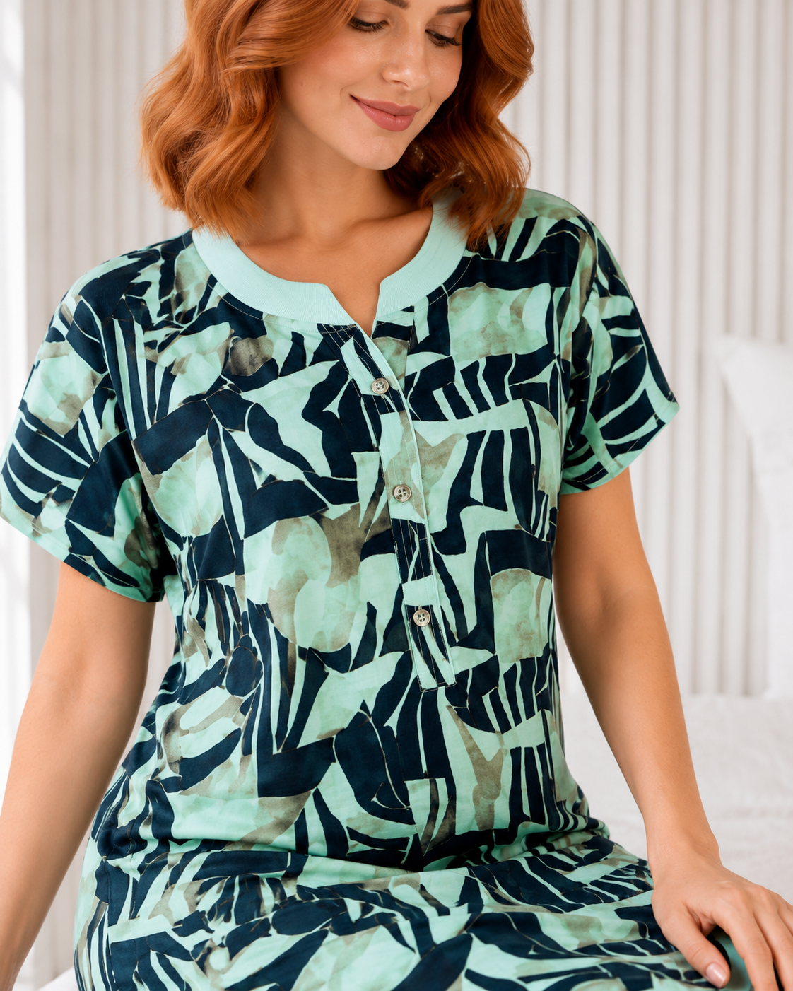 Belavastra Premium Alpine Silk-Cotton Printed Nighty - Mint & Navy Abstract