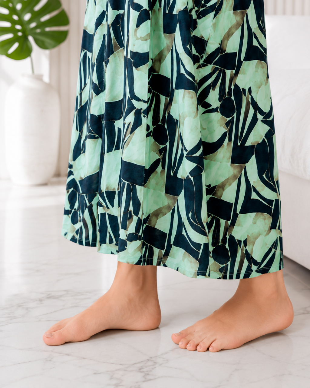 Belavastra Premium Alpine Silk-Cotton Printed Nighty - Mint & Navy Abstract