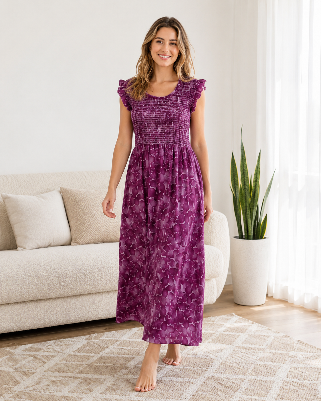 Belavastra Premium PV Smocking Long Nighty - Purple Floral Flutter Sleeve Maxi