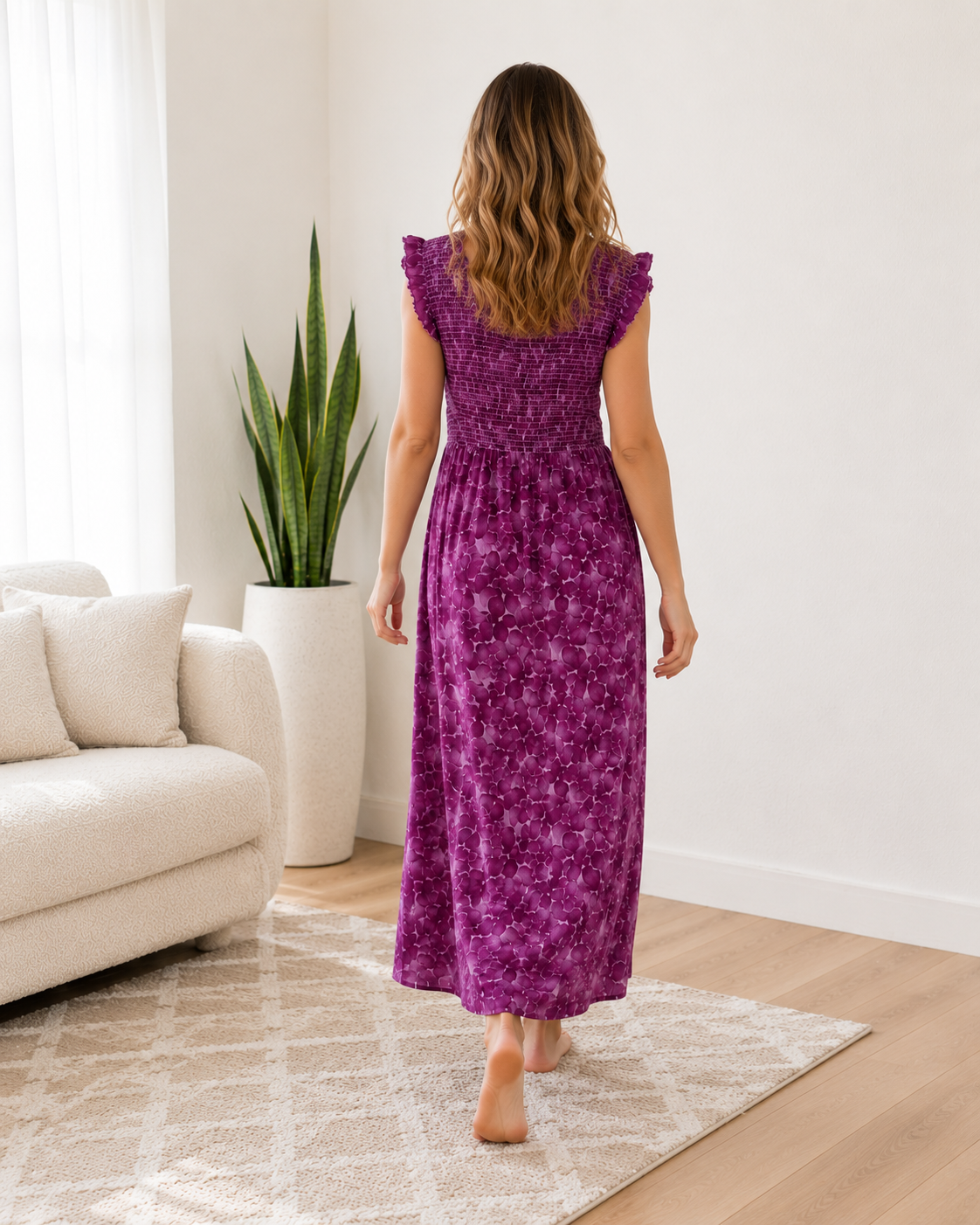 Belavastra Premium PV Smocking Long Nighty - Purple Floral Flutter Sleeve Maxi
