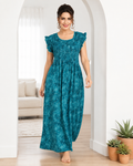 Belavastra Premium PV Smocking Long Nighty - Ocean Teal Floral Flutter Sleeve Maxi