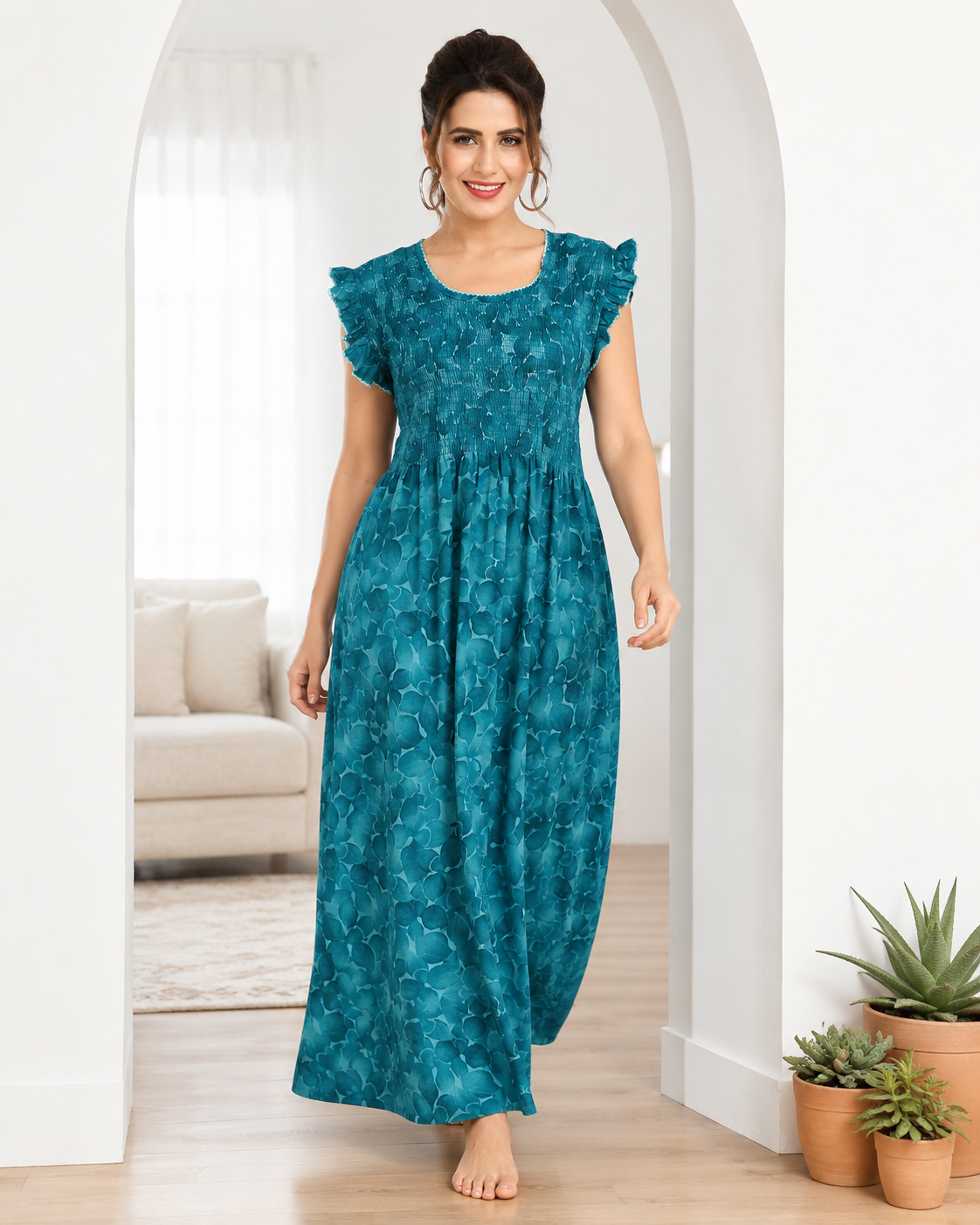 Belavastra Premium PV Smocking Long Nighty - Ocean Teal Floral Flutter Sleeve Maxi