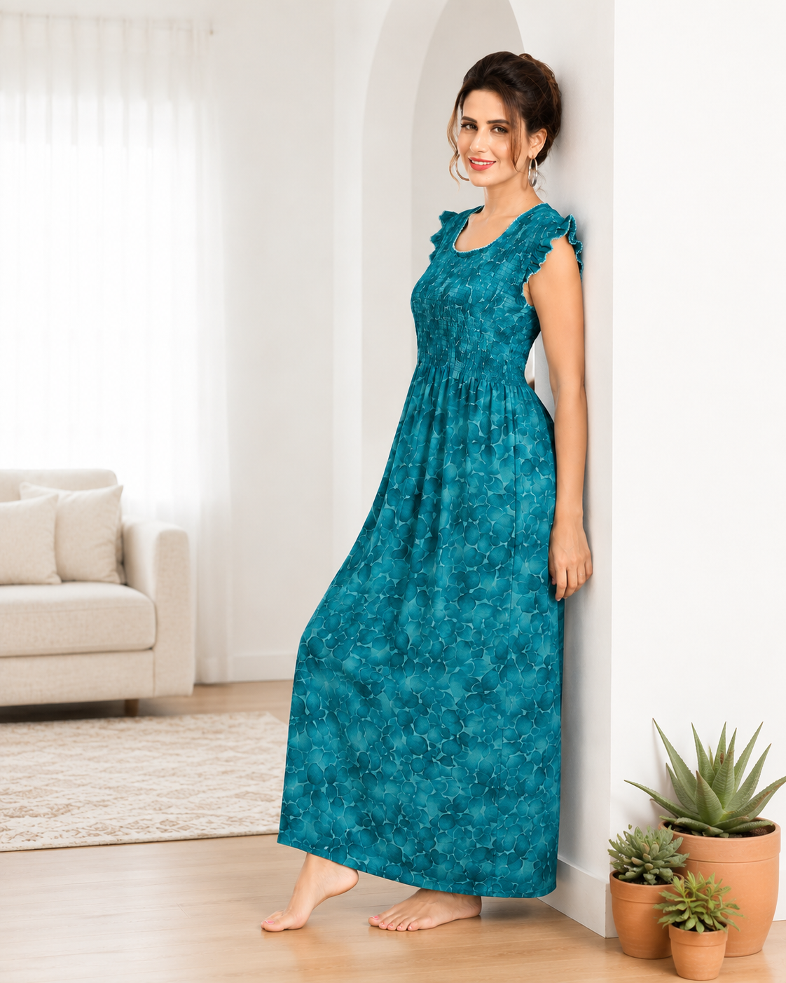 Belavastra Premium PV Smocking Long Nighty - Ocean Teal Floral Flutter Sleeve Maxi