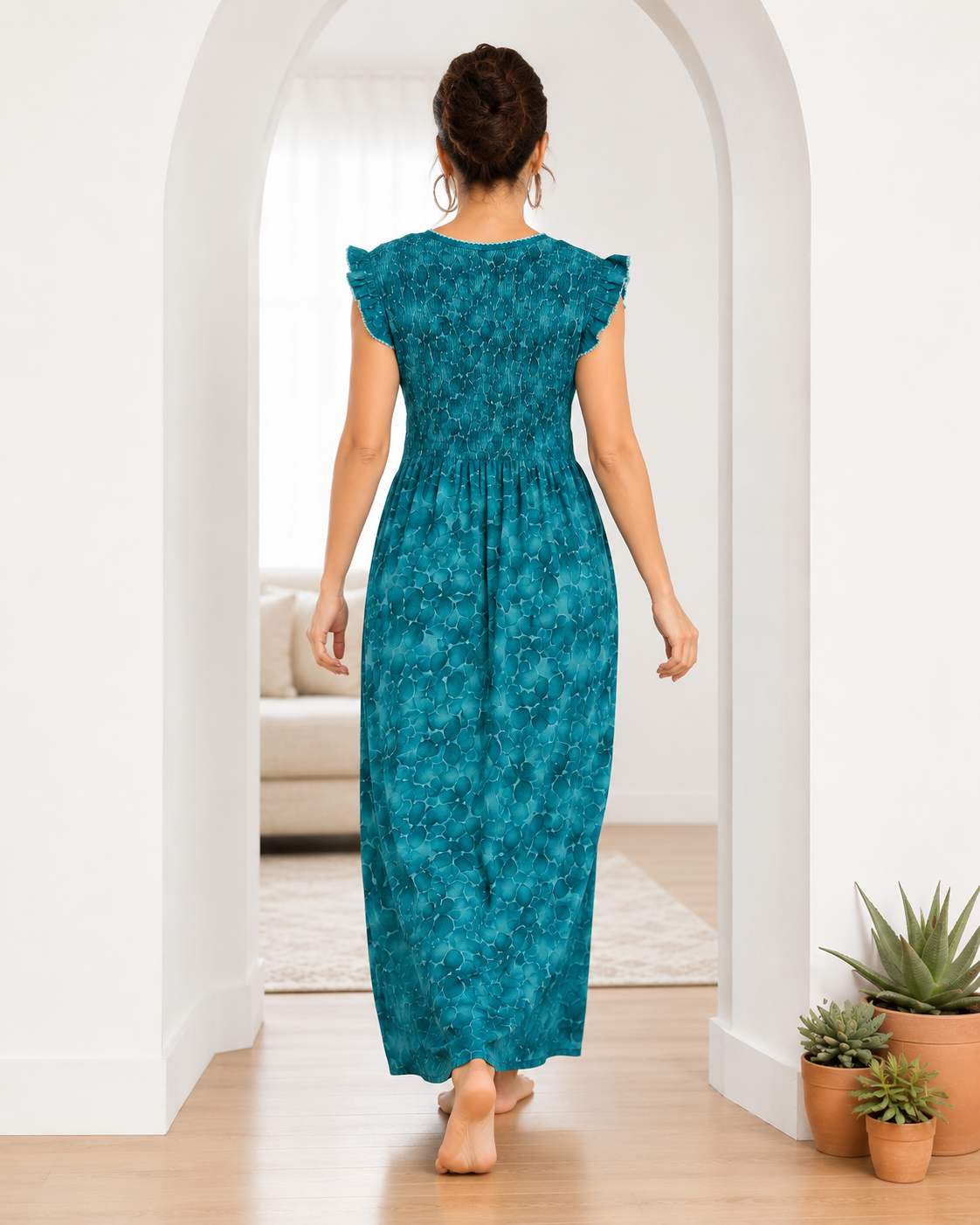 Belavastra Premium PV Smocking Long Nighty - Ocean Teal Floral Flutter Sleeve Maxi