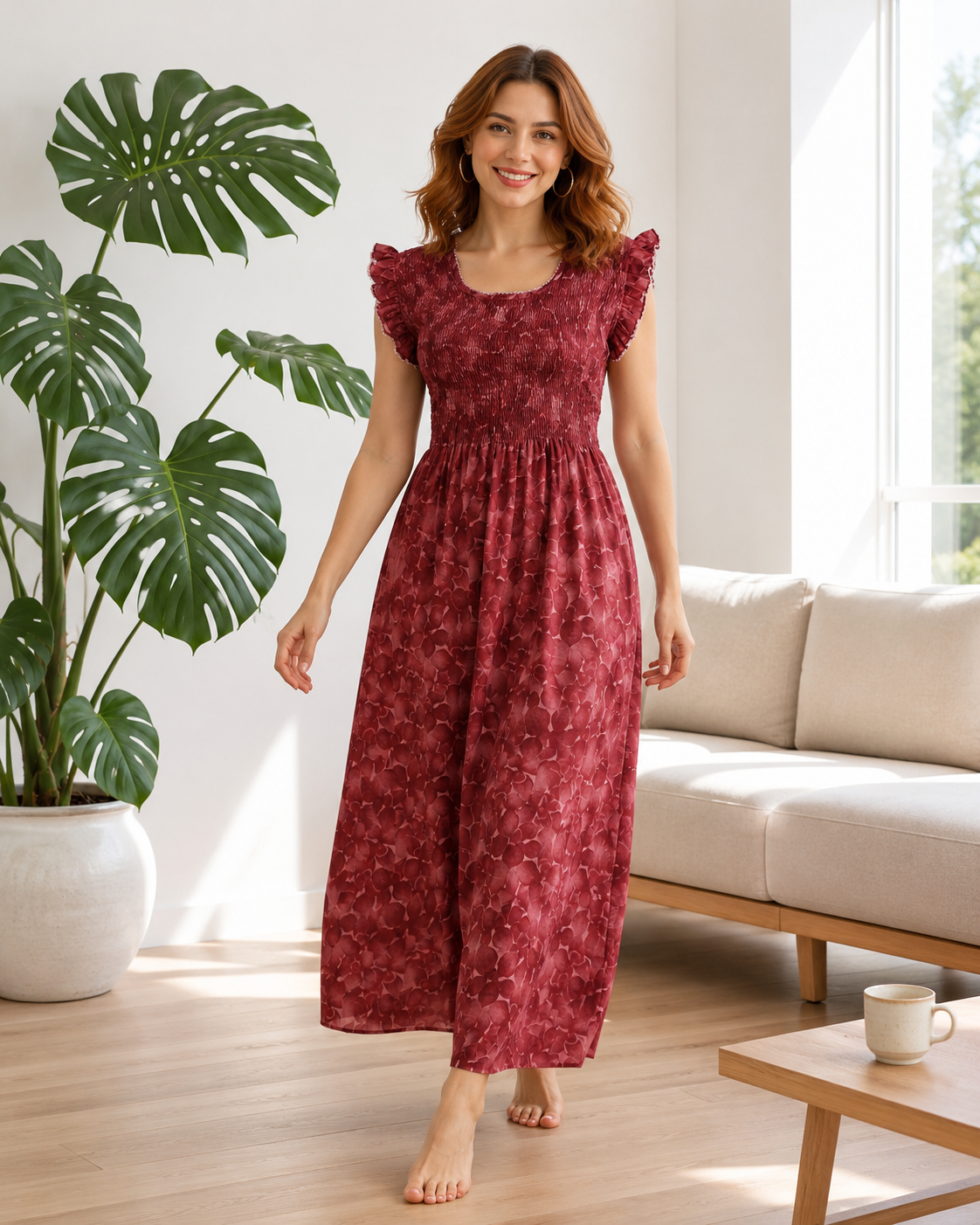 Belavastra Premium PV Smocking Long Nighty - Terracotta Maroon Floral Flutter Sleeve Max