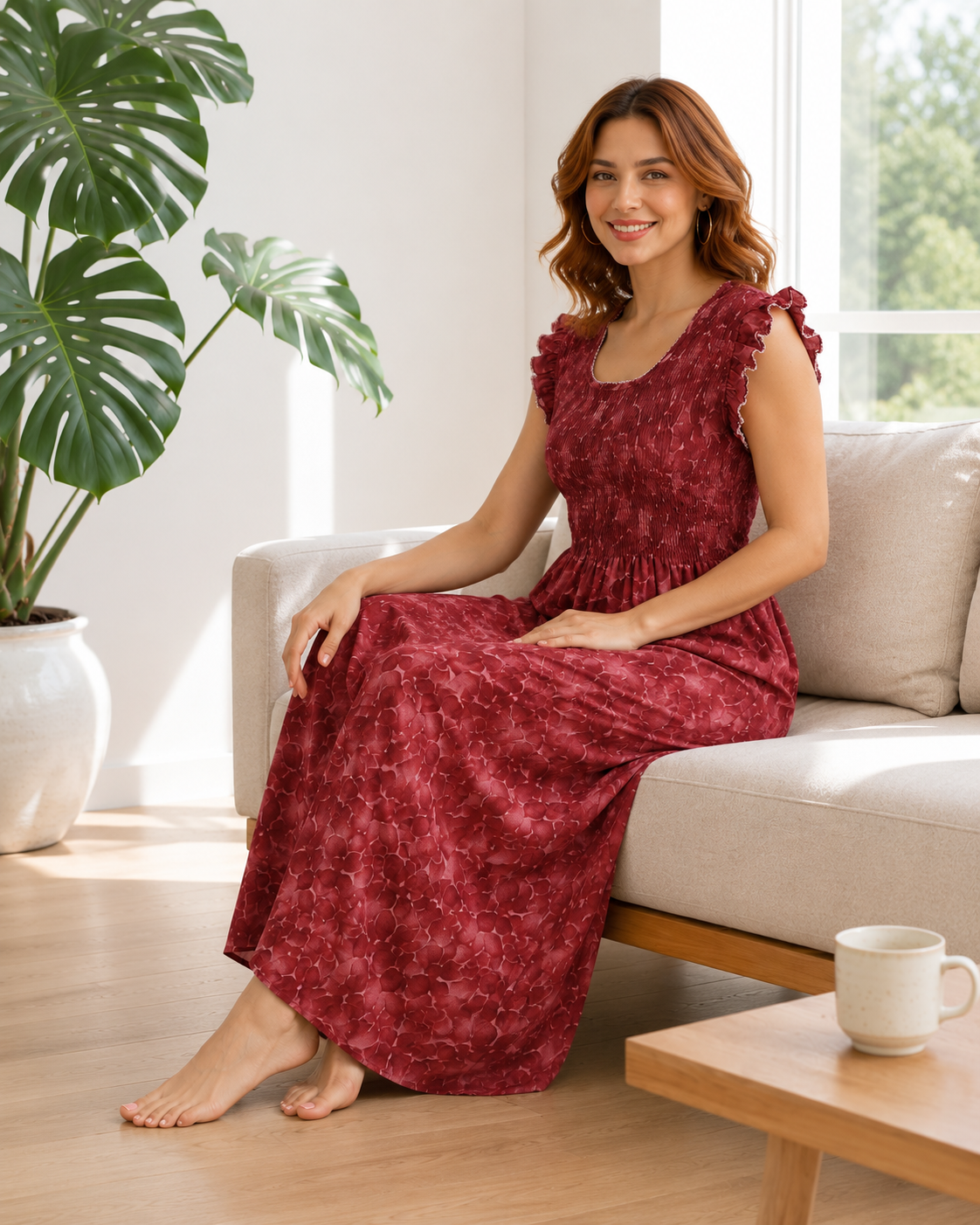 Belavastra Premium PV Smocking Long Nighty - Terracotta Maroon Floral Flutter Sleeve Max