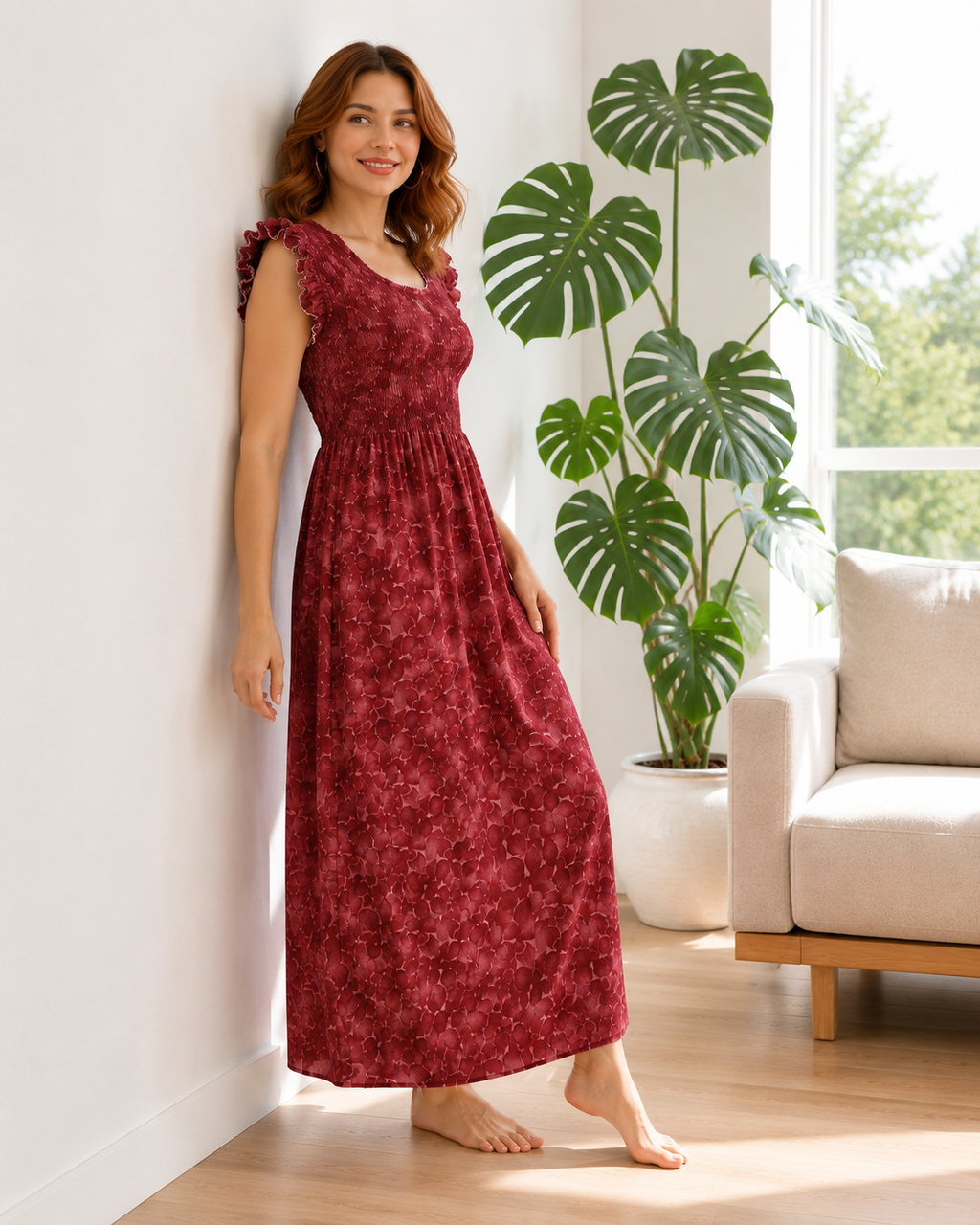 Belavastra Premium PV Smocking Long Nighty - Terracotta Maroon Floral Flutter Sleeve Max