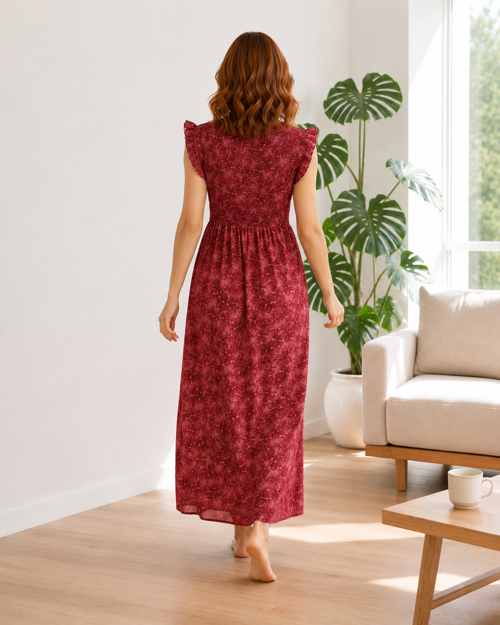 Belavastra Premium PV Smocking Long Nighty - Terracotta Maroon Floral Flutter Sleeve Max