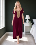 Belavastra Premium Alpine Silk-Cotton Nighty - Royal Wine with Gold Zari Embroidery