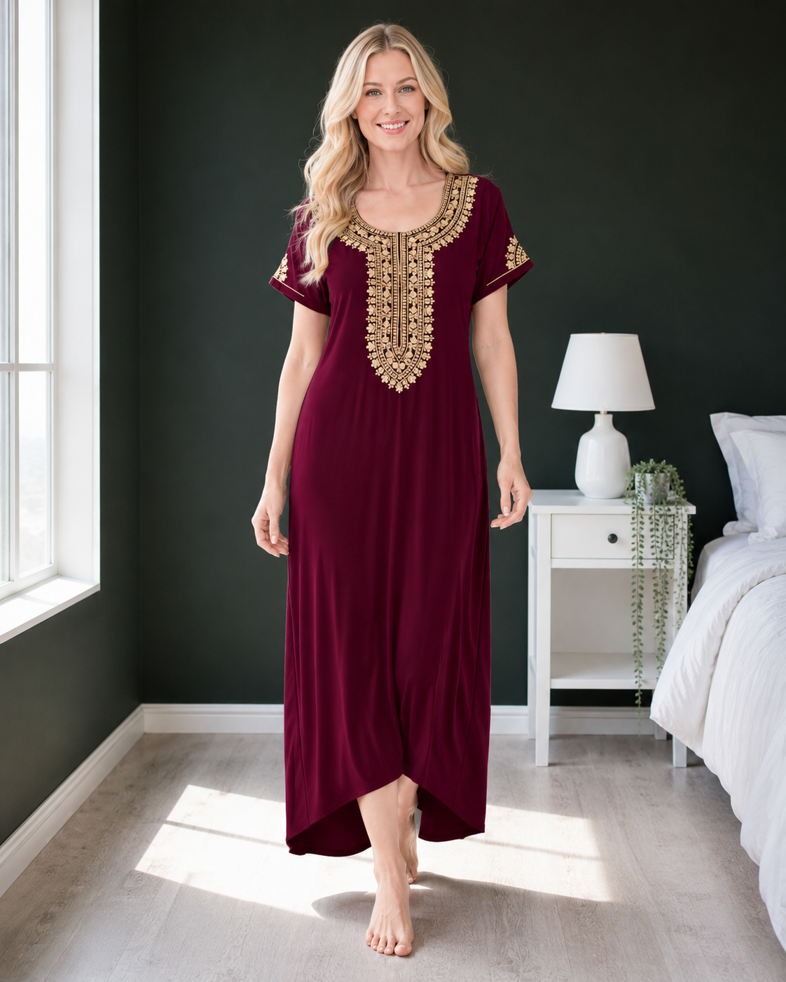 Belavastra Premium Alpine Silk-Cotton Nighty - Royal Wine with Gold Zari Embroidery
