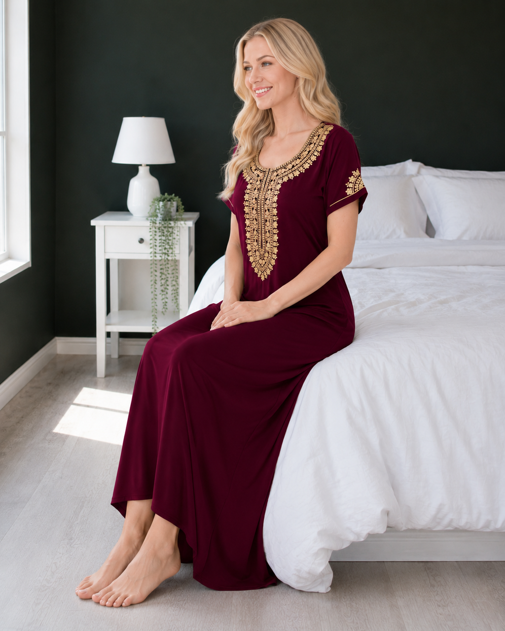 Belavastra Premium Alpine Silk-Cotton Nighty - Royal Wine with Gold Zari Embroidery