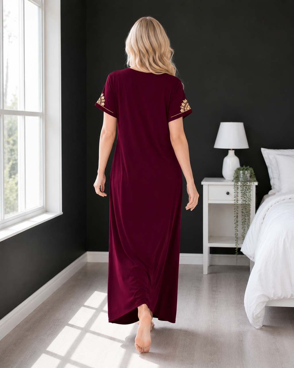 Belavastra Premium Alpine Silk-Cotton Nighty - Royal Wine with Gold Zari Embroidery