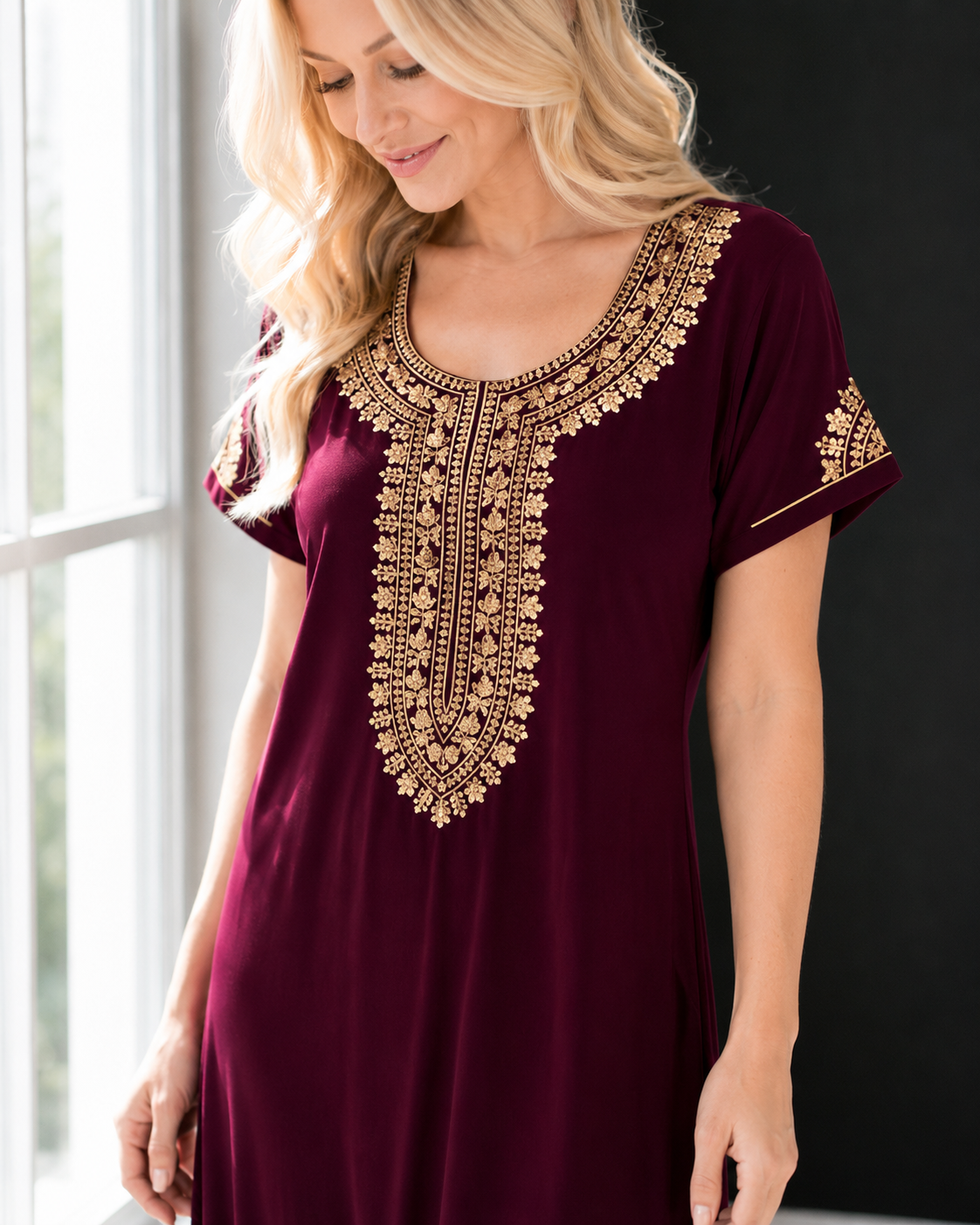 Belavastra Premium Alpine Silk-Cotton Nighty - Royal Wine with Gold Zari Embroidery
