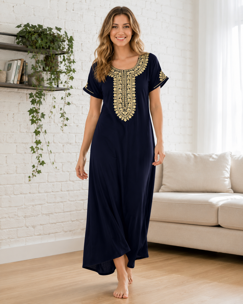 Belavastra Premium Alpine Silk-Cotton Nighty - Royal Navy with Gold Zari Embroidery