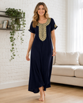 Belavastra Premium Alpine Silk-Cotton Nighty - Royal Navy with Gold Zari Embroidery