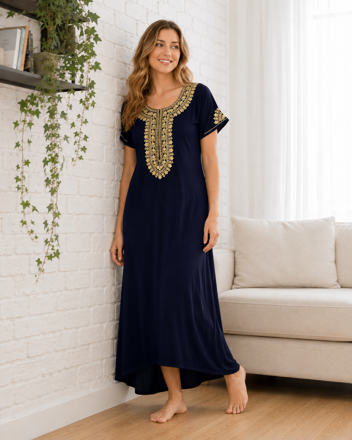 Belavastra Premium Alpine Silk-Cotton Nighty - Royal Navy with Gold Zari Embroidery