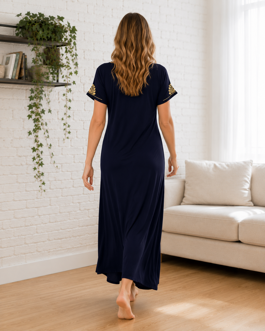 Belavastra Premium Alpine Silk-Cotton Nighty - Royal Navy with Gold Zari Embroidery