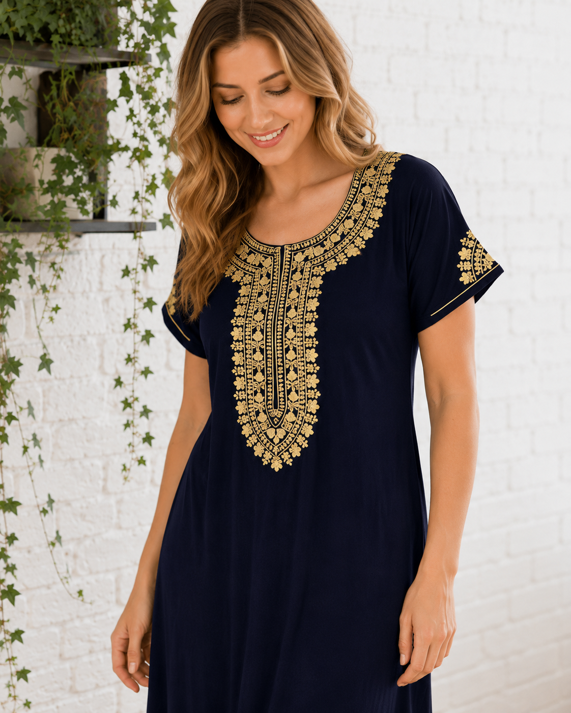 Belavastra Premium Alpine Silk-Cotton Nighty - Royal Navy with Gold Zari Embroidery