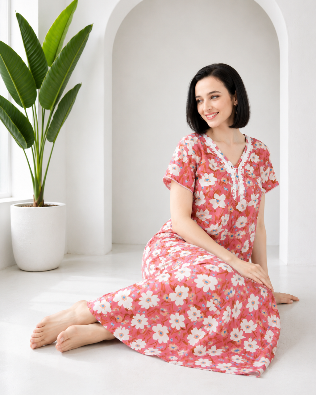 Belavastra Premium Corian Cotton Floral Nighty - Peach Pink & Lace V-Neck