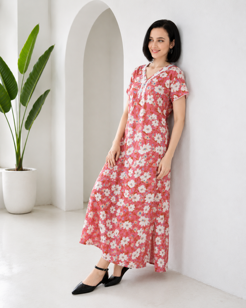 Belavastra Premium Corian Cotton Floral Nighty - Peach Pink & Lace V-Neck