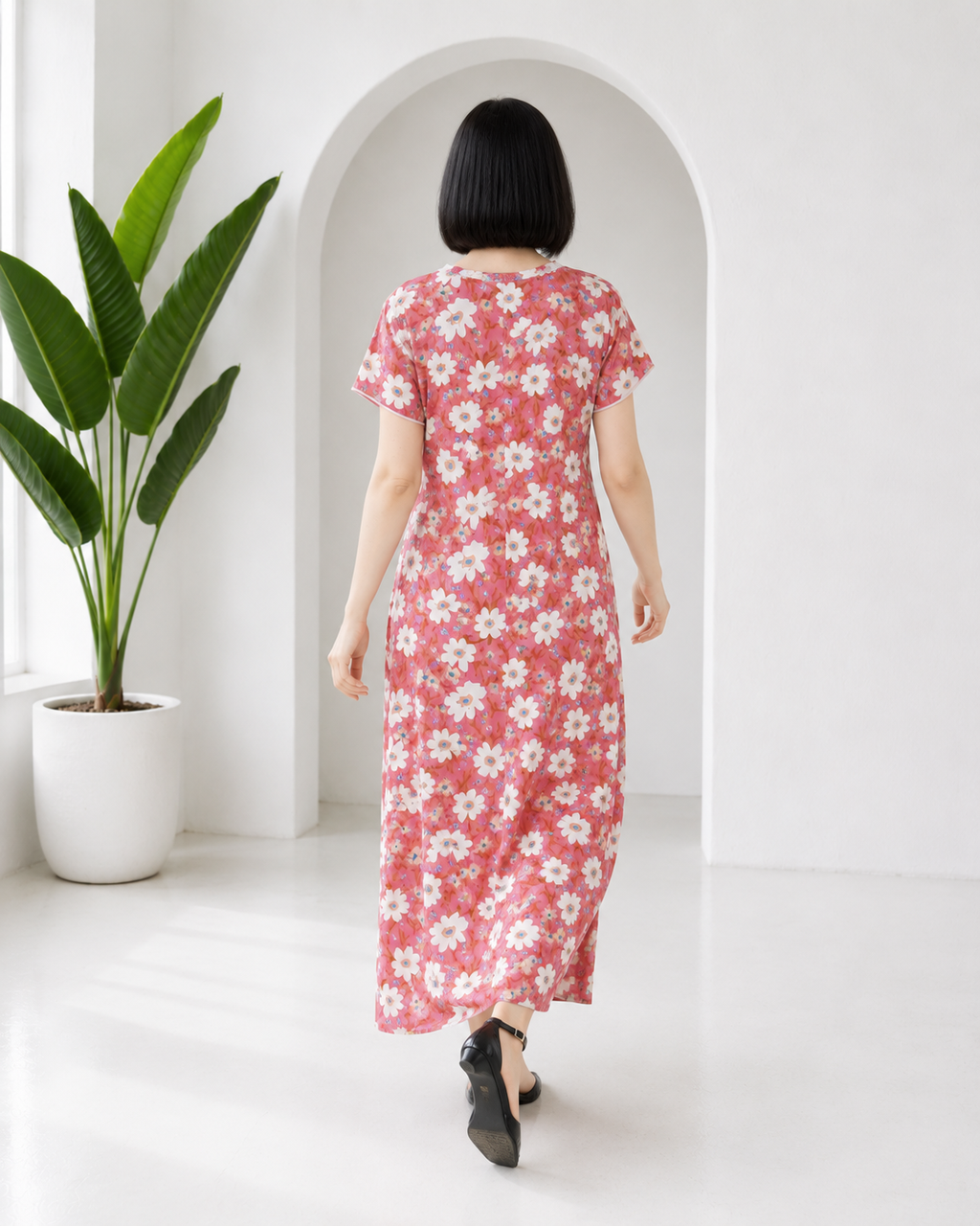 Belavastra Premium Corian Cotton Floral Nighty - Peach Pink & Lace V-Neck