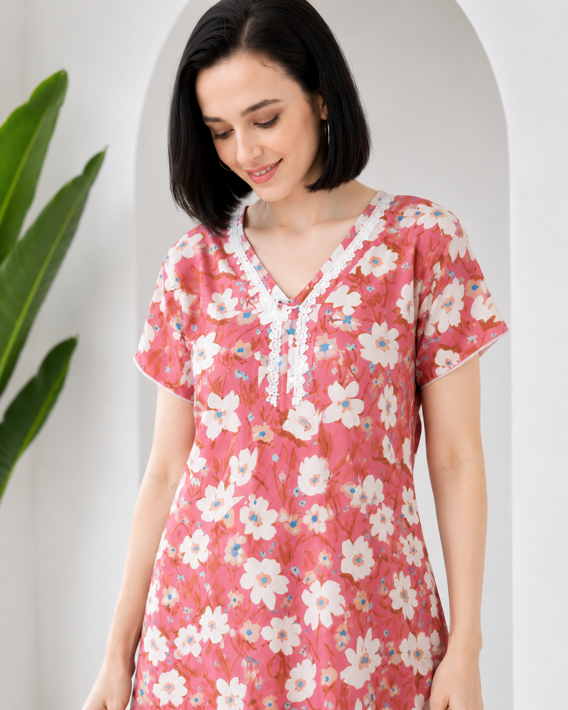 Belavastra Premium Corian Cotton Floral Nighty - Peach Pink & Lace V-Neck