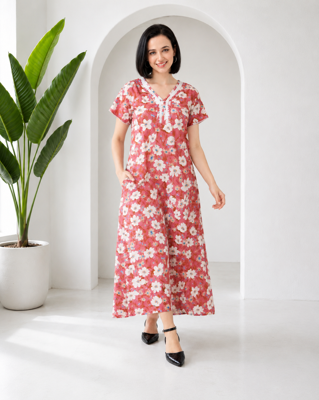 Belavastra Premium Corian Cotton Floral Nighty - Peach Pink & Lace V-Neck
