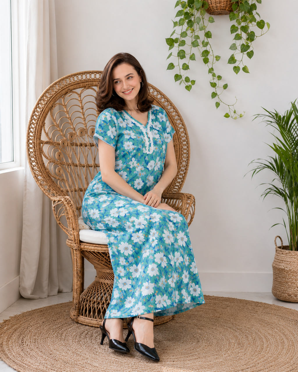 Belavastra Premium Corian Cotton Floral Nighty - Turquoise Blue & Lace V-Neck