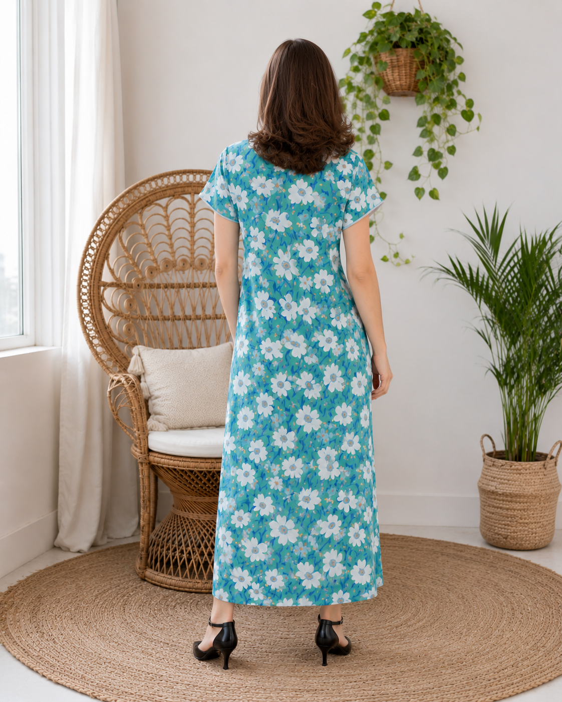 Belavastra Premium Corian Cotton Floral Nighty - Turquoise Blue & Lace V-Neck