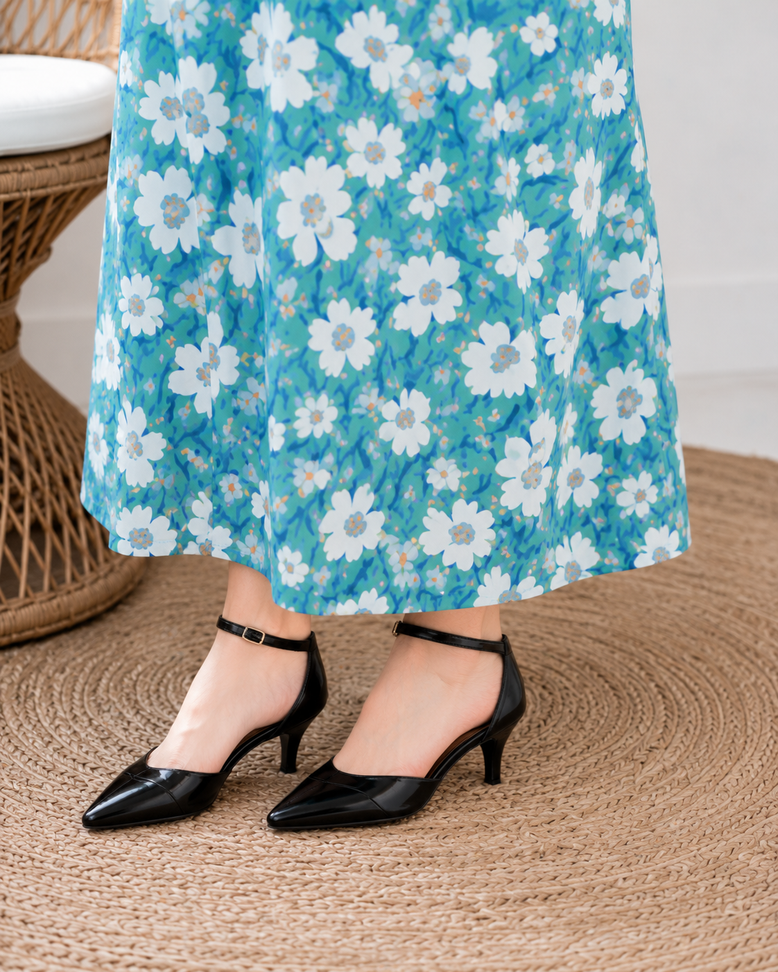 Belavastra Premium Corian Cotton Floral Nighty - Turquoise Blue & Lace V-Neck
