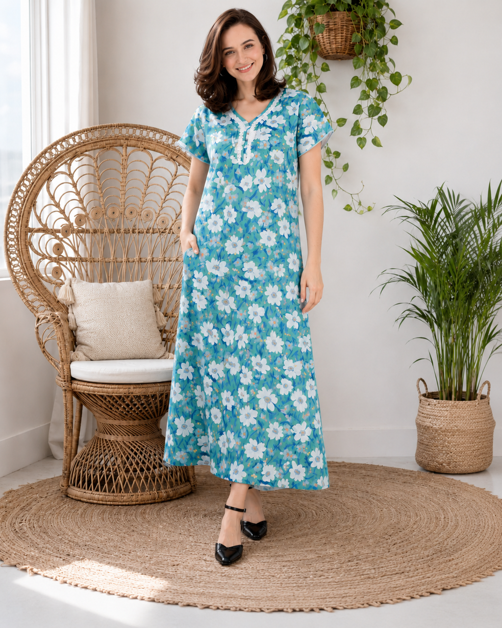 Belavastra Premium Corian Cotton Floral Nighty - Turquoise Blue & Lace V-Neck