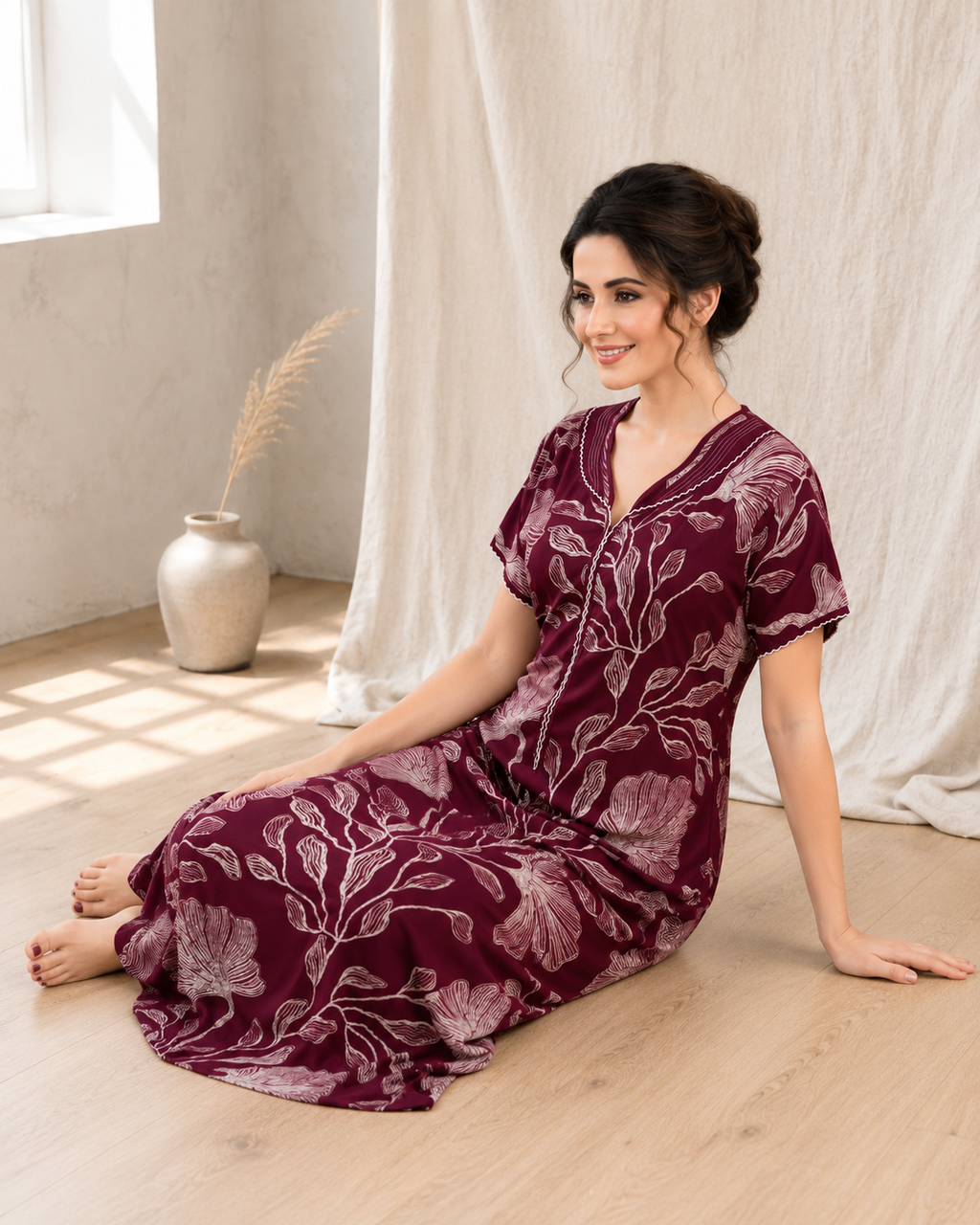 Belavastra Premium Alpine Printed Nighty - Royal Wine Vintage Floral