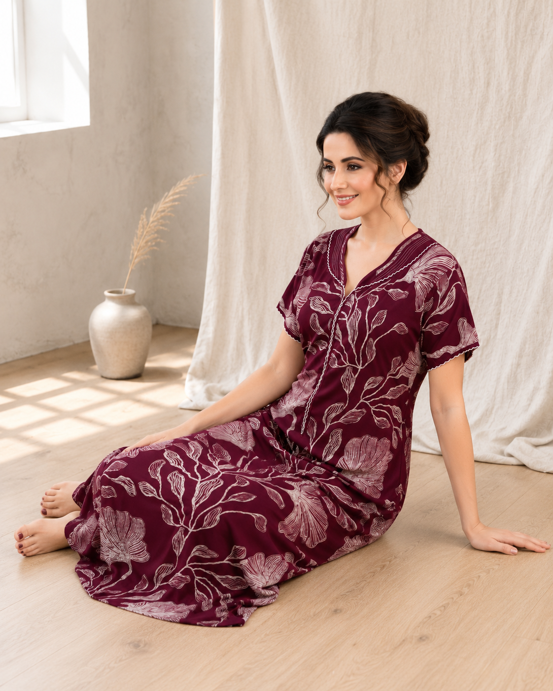 Belavastra Premium Alpine Printed Nighty - Royal Wine Vintage Floral