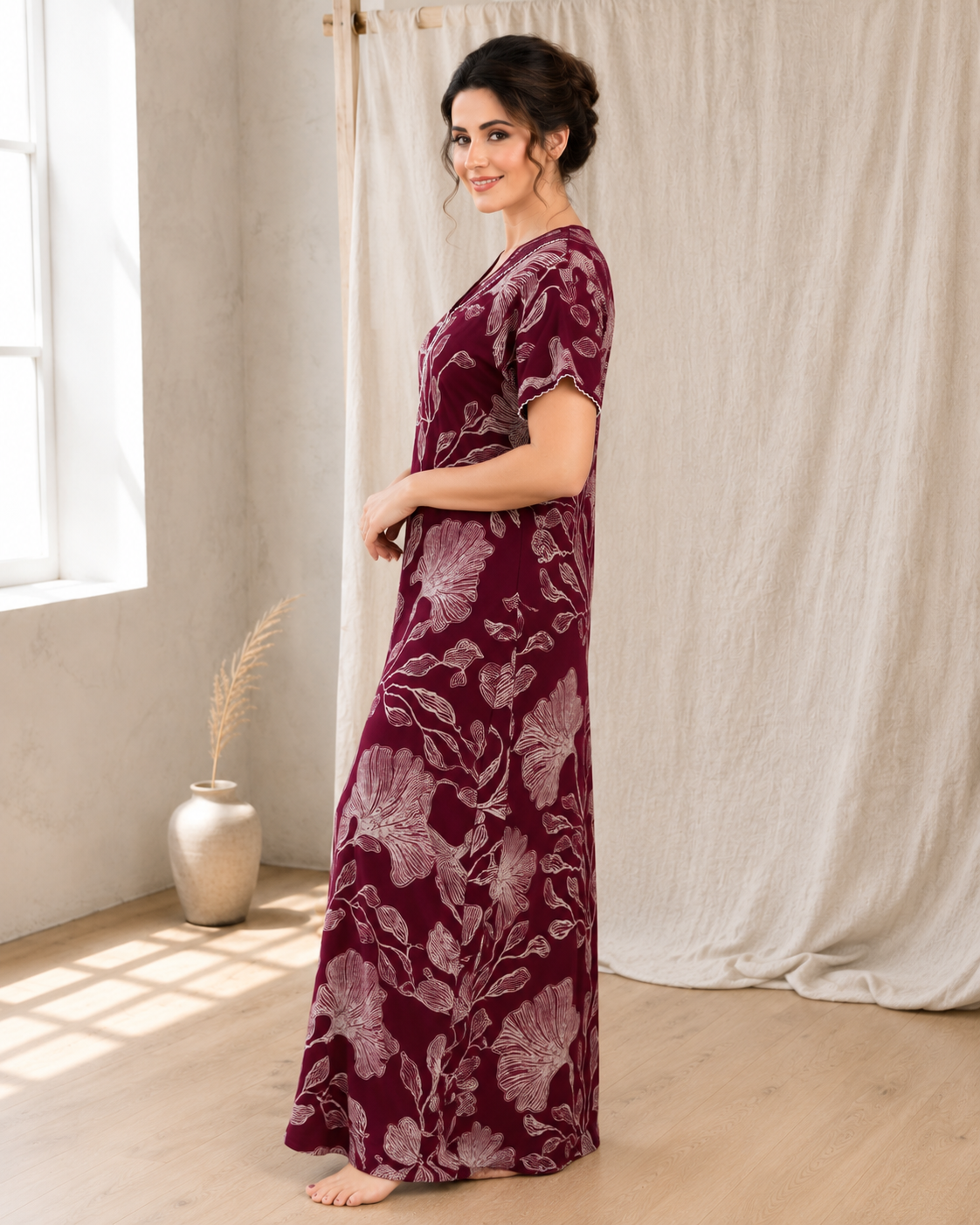 Belavastra Premium Alpine Printed Nighty - Royal Wine Vintage Floral