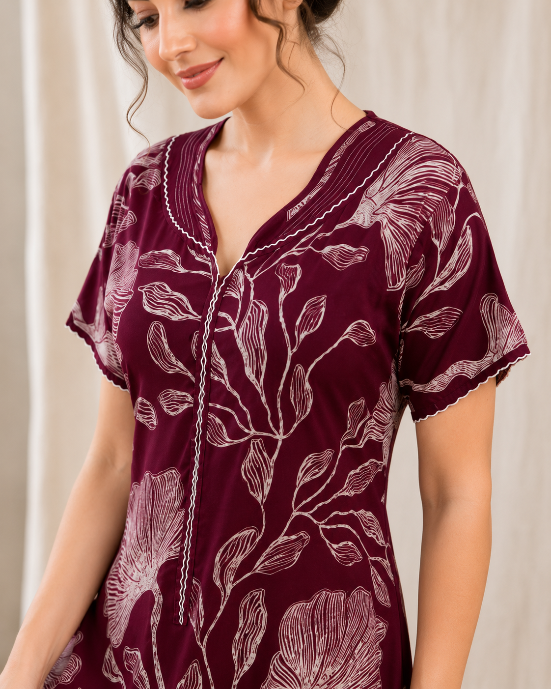 Belavastra Premium Alpine Printed Nighty - Royal Wine Vintage Floral