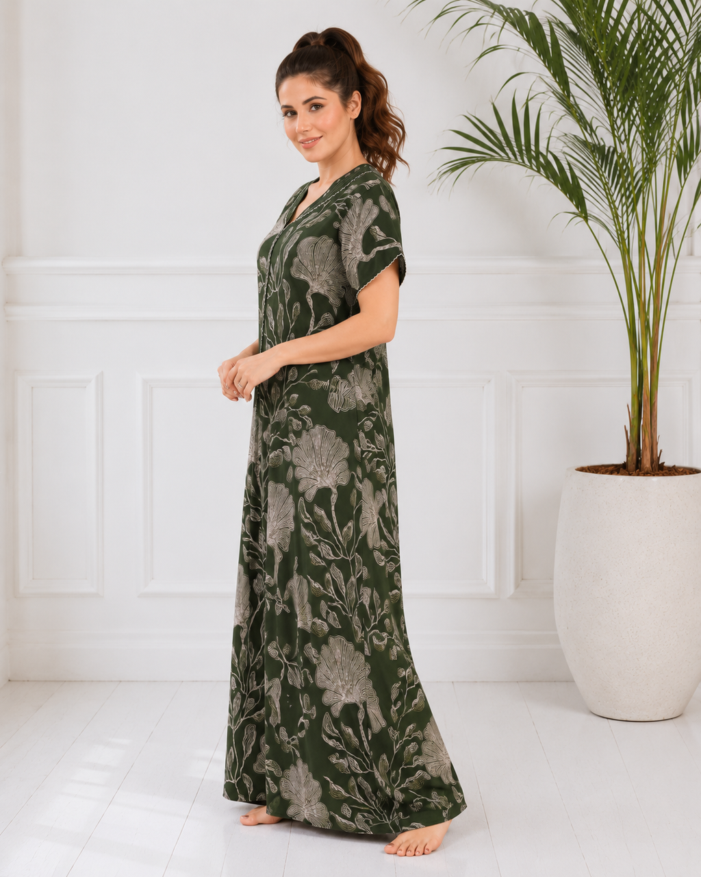 Belavastra Premium Alpine Printed Nighty - Olive Green Vintage Floral
