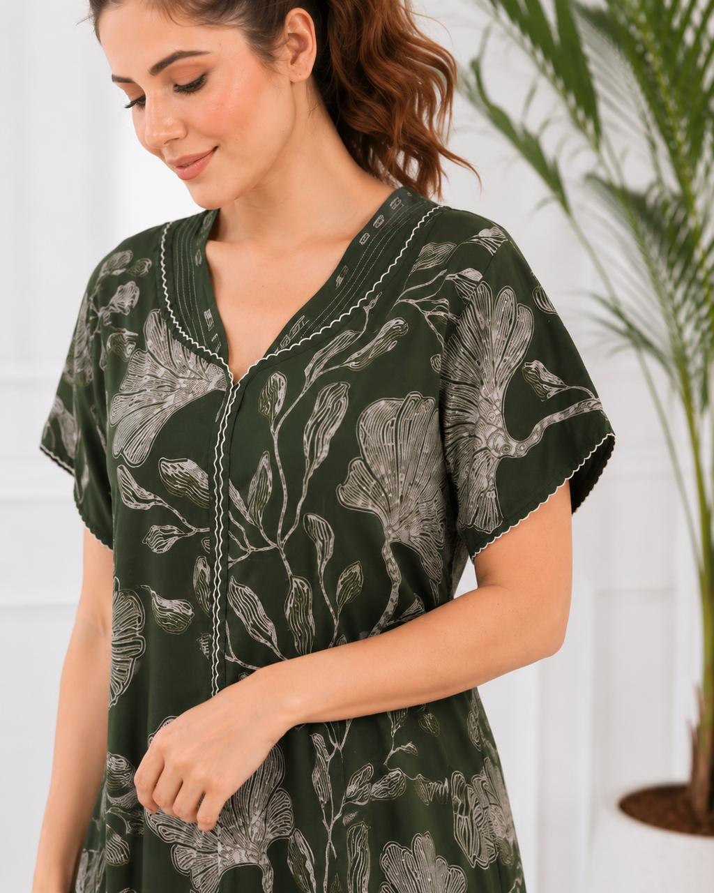 Belavastra Premium Alpine Printed Nighty - Olive Green Vintage Floral